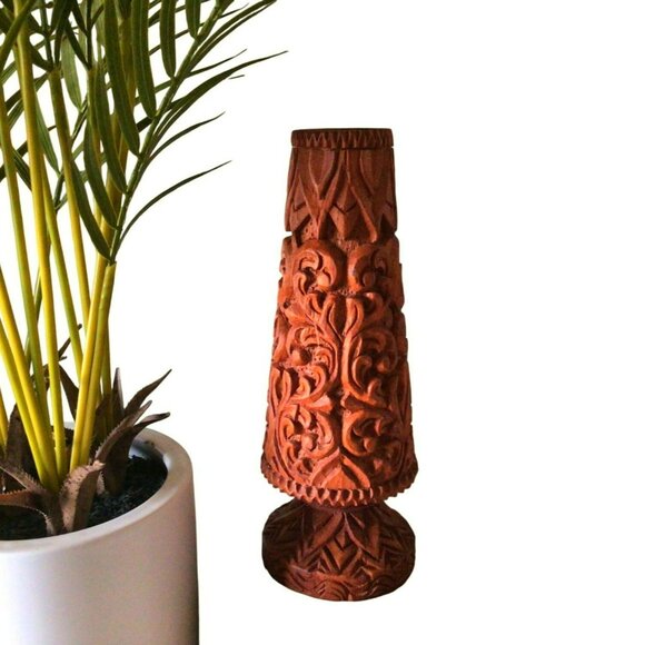 Vintage Vase Ornate Floral Hand Carvings Wooden 10" x 4"  Made In Thailand - Picture 1 of 14